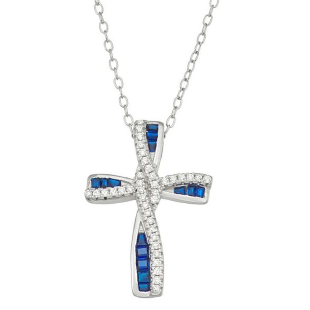 Sterling Silver Lab Created Blue Spinel Cross necklace